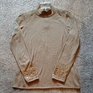 Chico's Tan Long Sleeve Top with Gold Embellishments